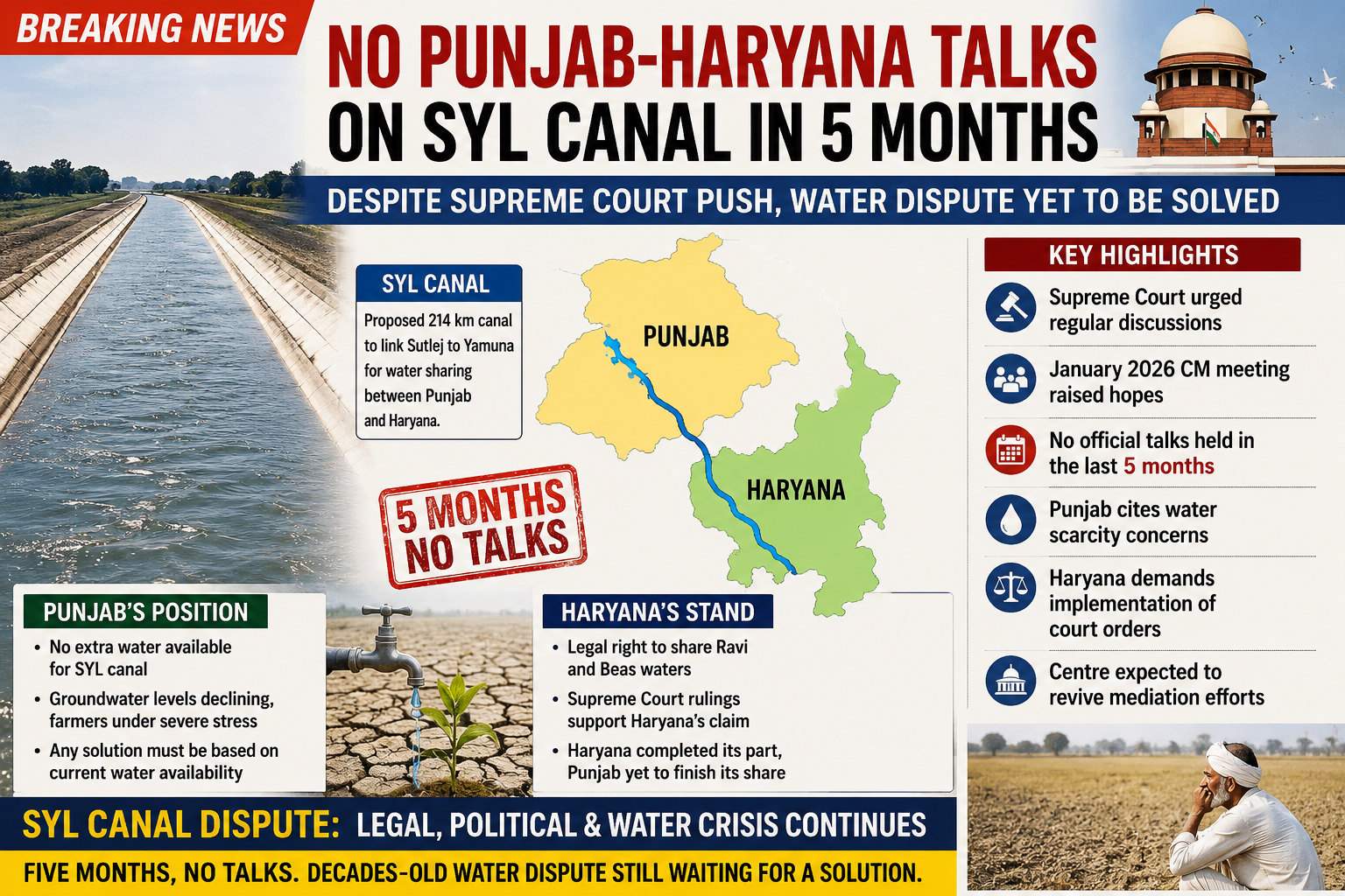 Delhi and Lahore have not discussed anything related to SYL canal despite SC Push, five months have passed, water dispute yet to be solved.