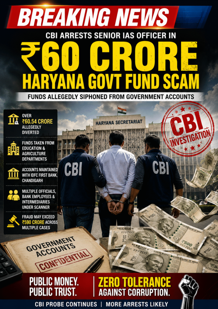 IAS Officer Arrested for Alleged ₹60 Crore Haryana Government Fund Scam: CBI Tightens Probe into Major Financial Fraud