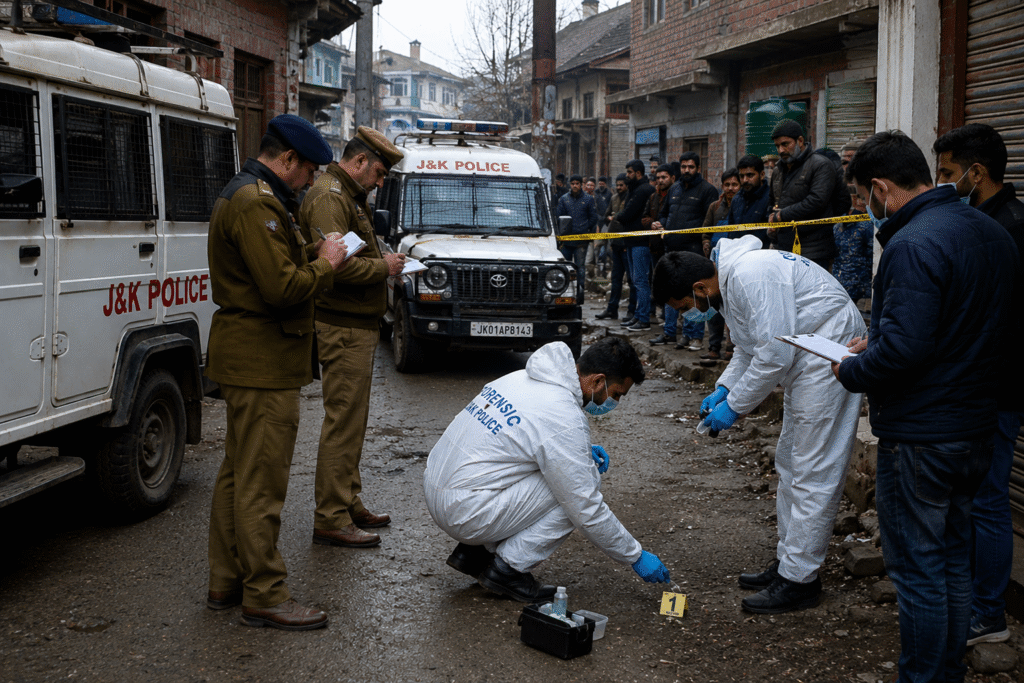 Police and forensic experts investigate the death of a woman in Srinagar as authorities collect evidence and examine the scene."