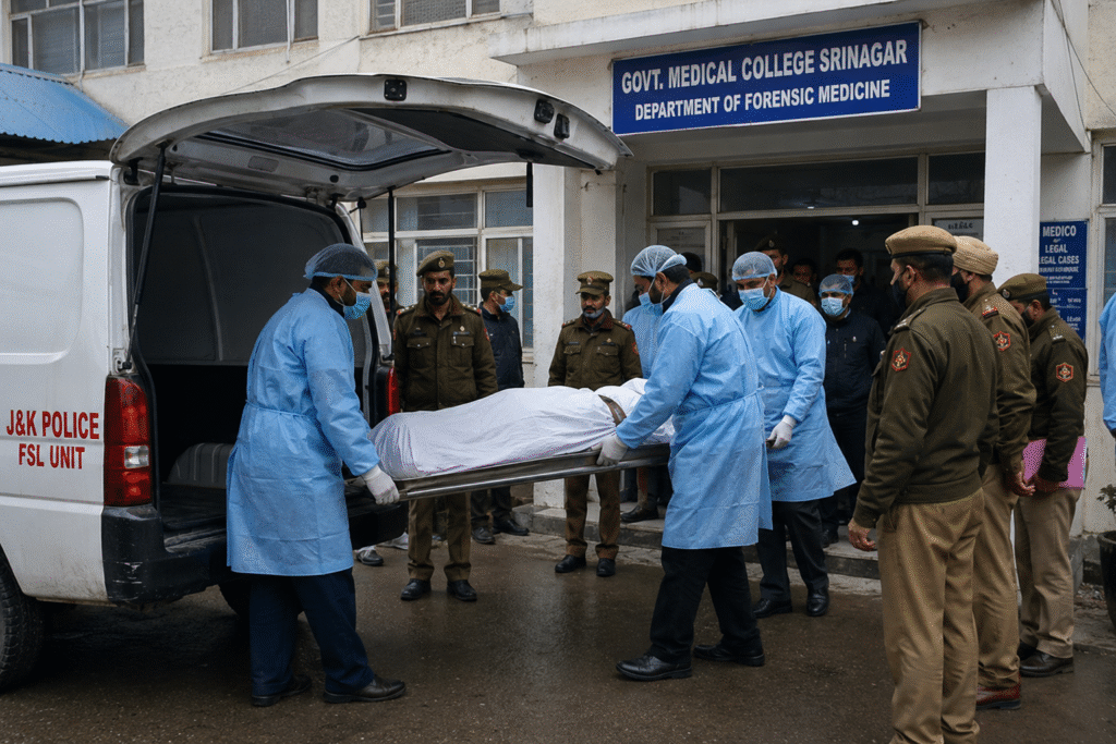 Medical authorities and police personnel outside a forensic medicine department in Srinagar as officials assist in the investigation of a woman's mysterious death."