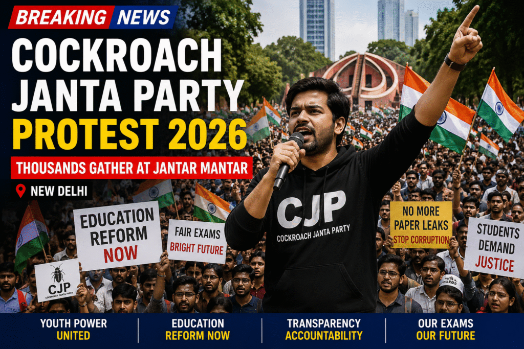 Cockroach Janta Party protest at Jantar Mantar led by young Abhijeet Dipke in Delhi.