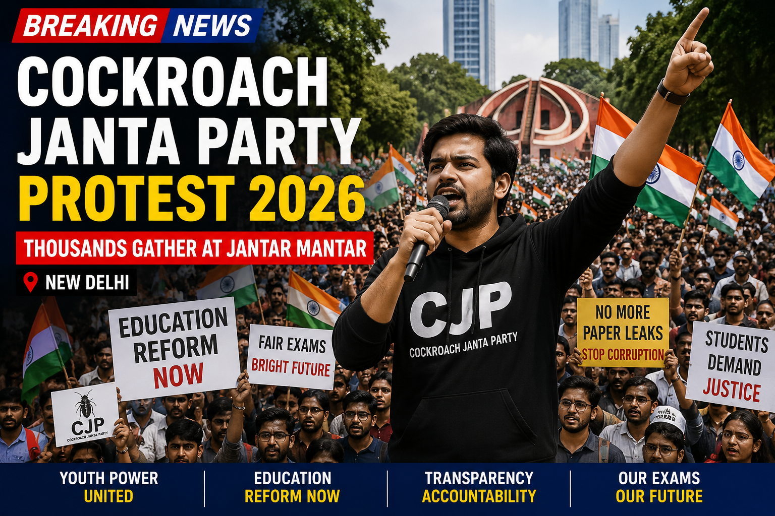 Cockroach Janta Party protest at Jantar Mantar led by young Abhijeet Dipke in Delhi.