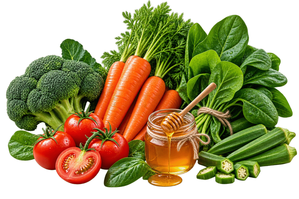 Fresh Vegetable Harvest with Honey