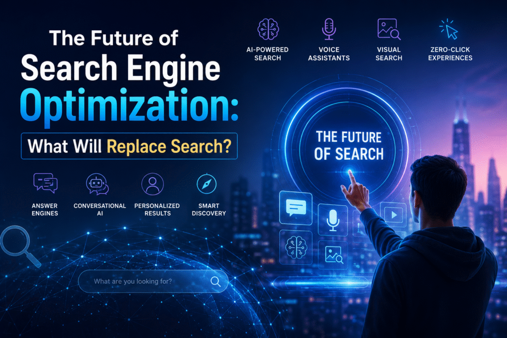 The Future of Search Engine Optimization: AI-powered search, voice assistants, visual search, zero-click experiences, answer engines, and conversational AI shaping the future of search.