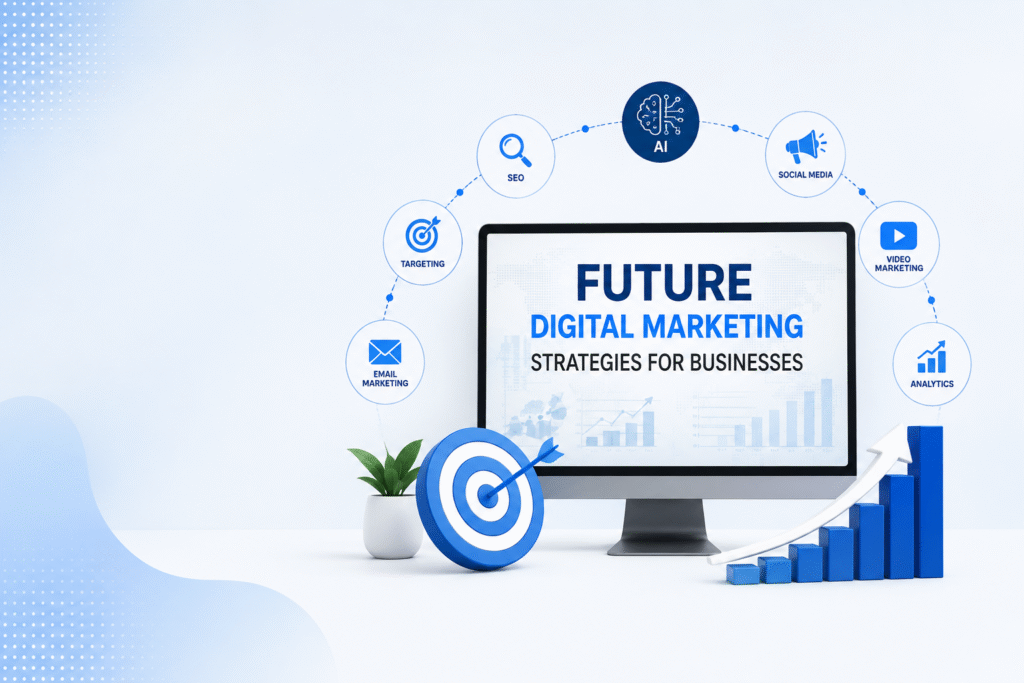 Future digital marketing strategies for businesses using AI, SEO, social media, video marketing, email marketing, and analytics.