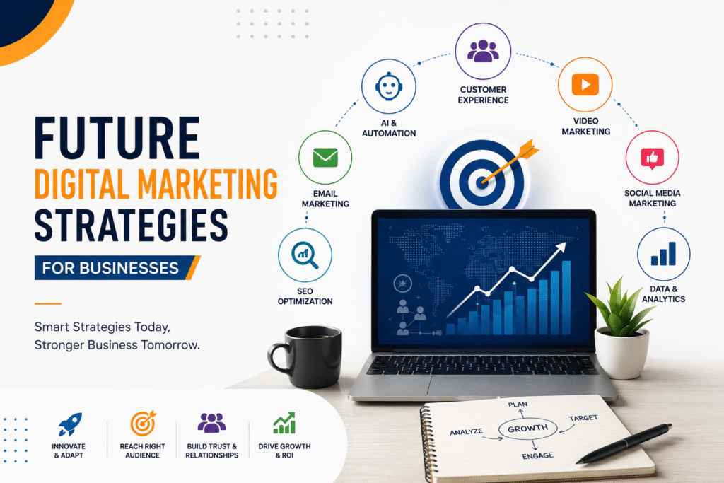Future digital marketing strategies for businesses using AI, SEO, social media, video marketing, email marketing, and analytics.