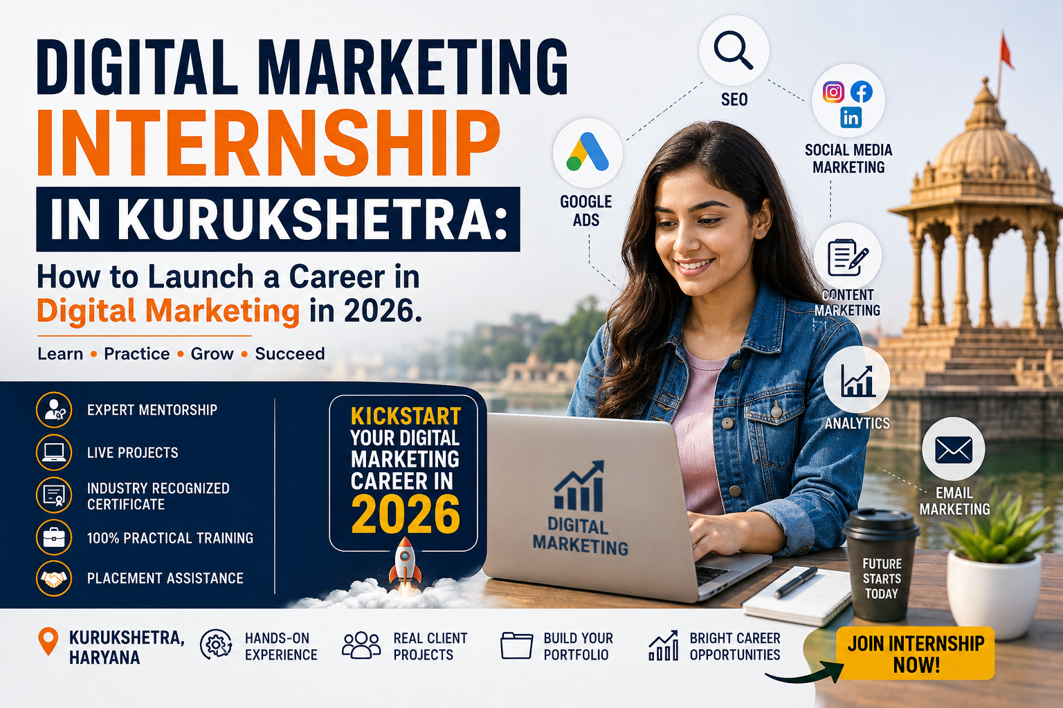 Digital Marketing Internship in Kurukshetra – Student learning SEO, Google Ads, social media marketing, and AI tools to launch a successful digital marketing.